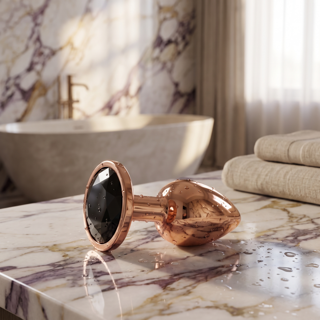 Korek Elva M w rose gold z czarnym kryształem na mokrym marmurze