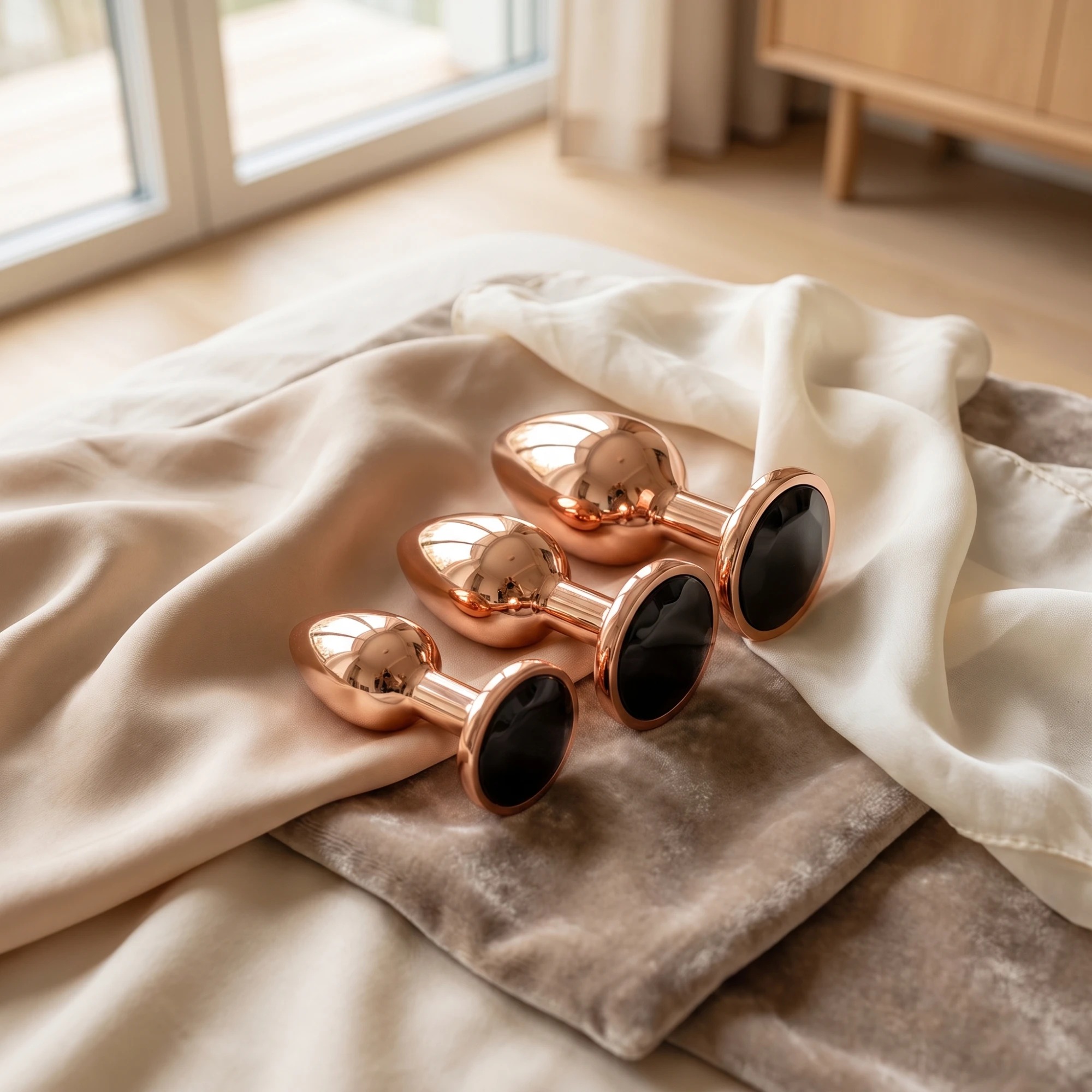 Trzy korki analne Elva rose gold w rozmiarach S, M i L na jedwabiu