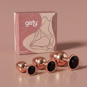 Elva Set — trzy korki analne rose gold z czarnymi kryształami, rozmiary S, M i L, obok pudełko gisty