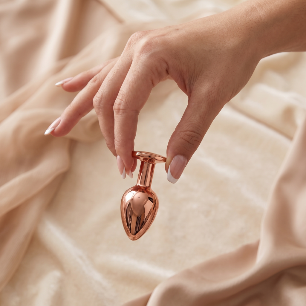 Dłoń trzyma korek analny Elva S w kolorze rose gold nad kremową tkaniną