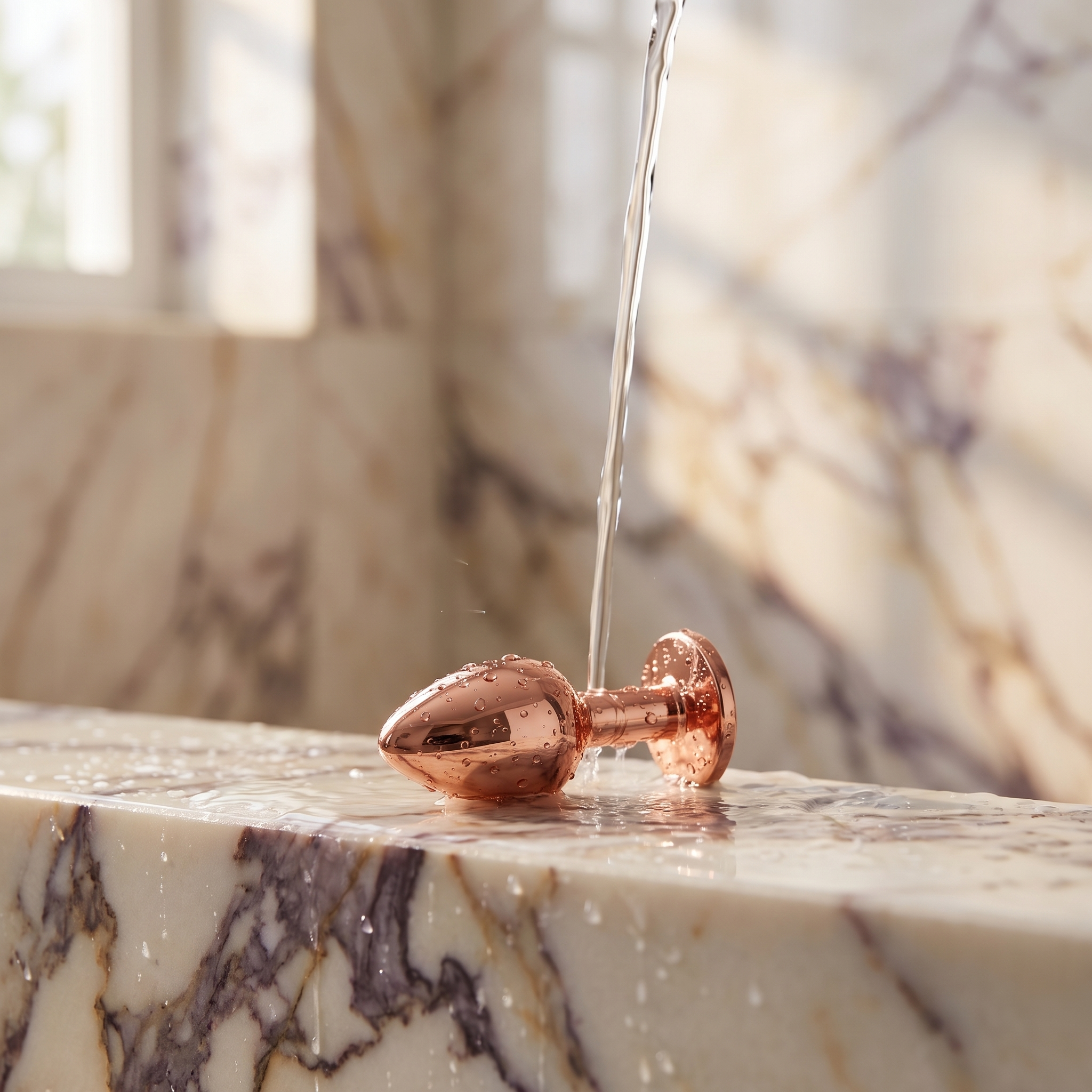 Korek Elva S w kolorze rose gold pod strumieniem wody na marmurowym blacie