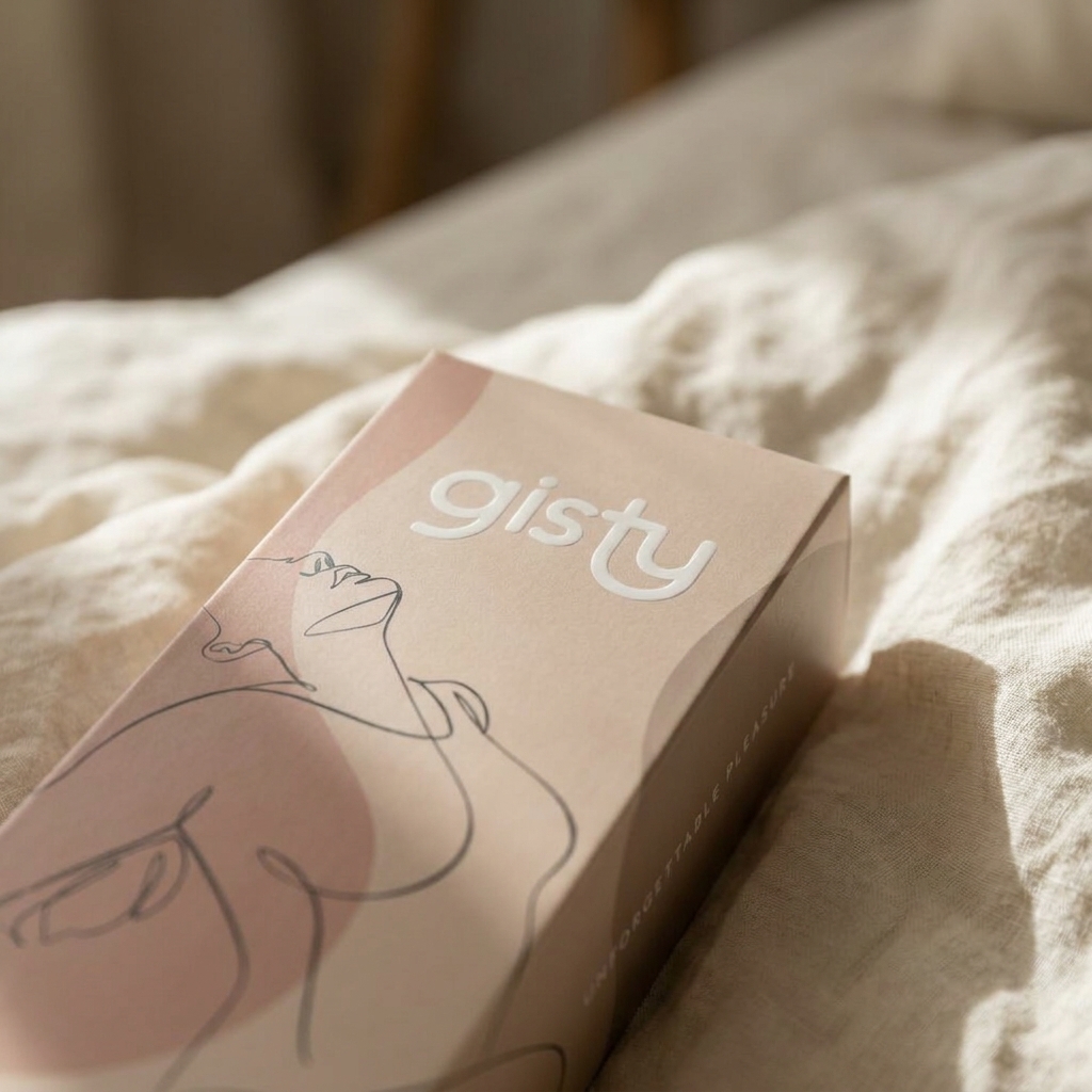 Jasnoróżowe pudełko Bibi z rysunkiem twarzy, leżące na lnianej pościeli