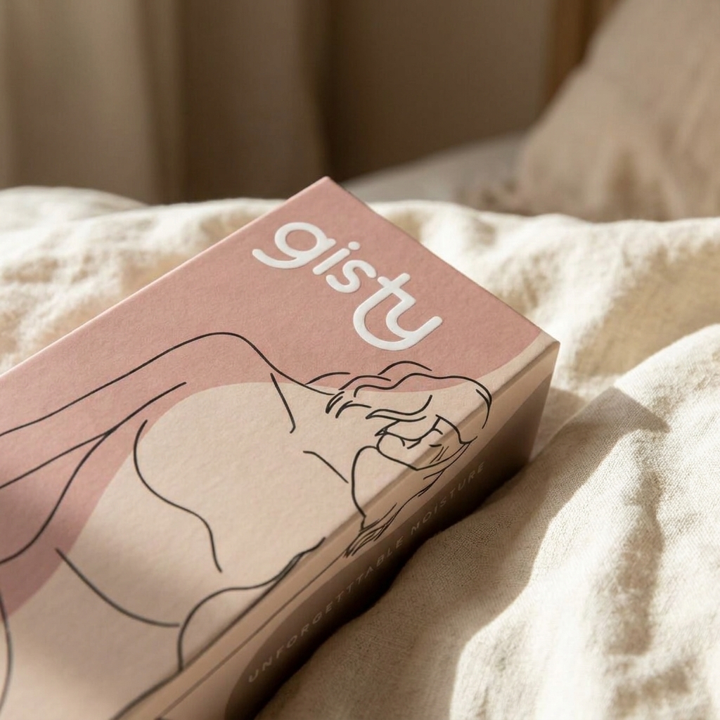 Pudełko gisty z konturowym rysunkiem kobiety, leżące na lnianej pościeli